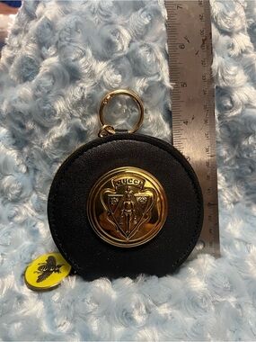 Gucci Black Leather Round Keyring Pouch with Gold Medallion